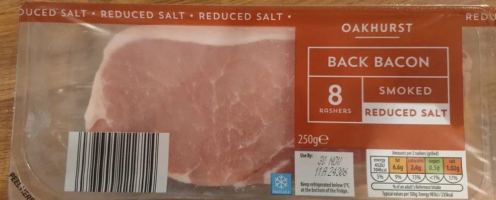 BACK BACON 8 RASHERS SMOKED REDUCED SALT