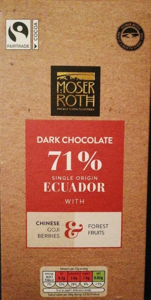 Dark chocolate 71% with Chinese goji berries and forest fruits