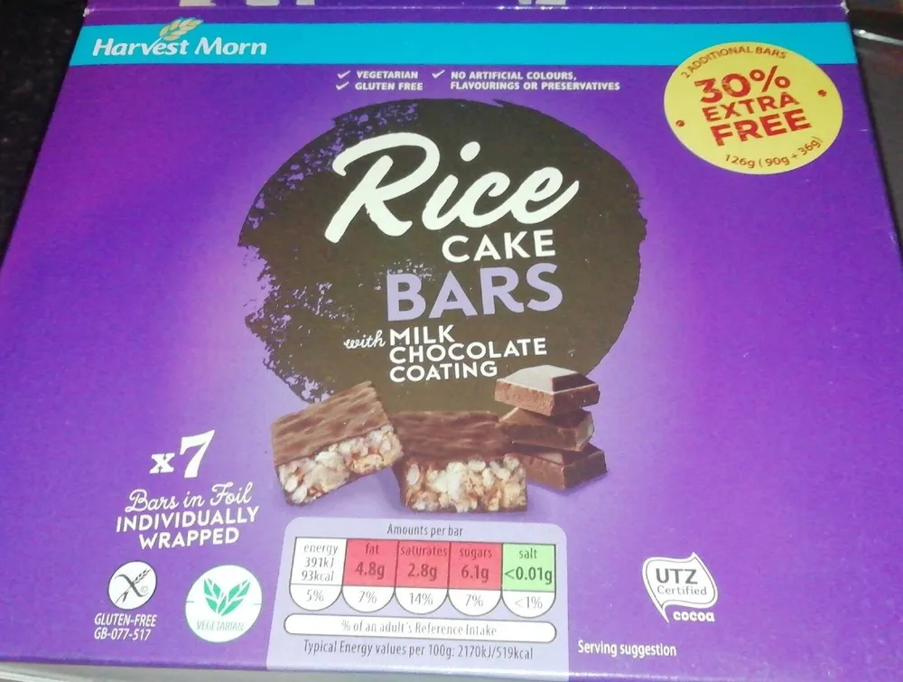 Rice cake bar with milk chocolate coating