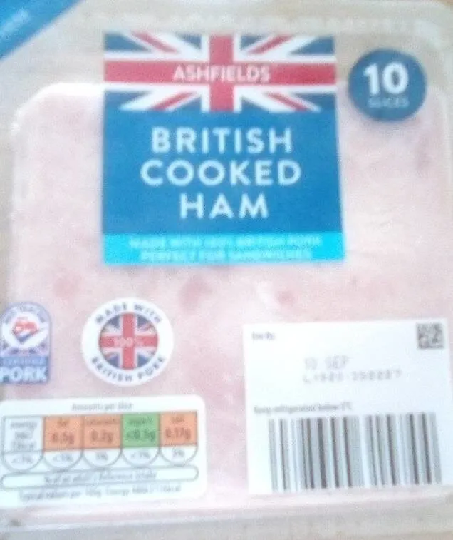 PEEL HERE K ASHFIELDS BRITISH COOKED HAM MADE WITH