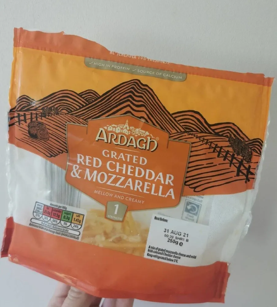 A mix of grated mozzarella cheese and mild irish coloured cheddar cheese
