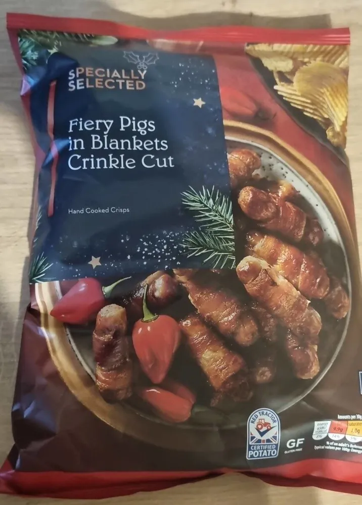 Fiery pigs in blankets crinkle cut