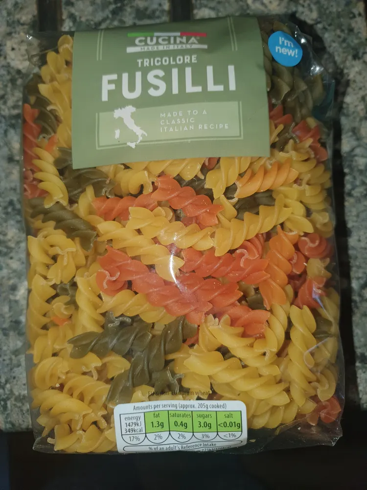 Dried fusilli tricolore pasta made from durum wheat semolina