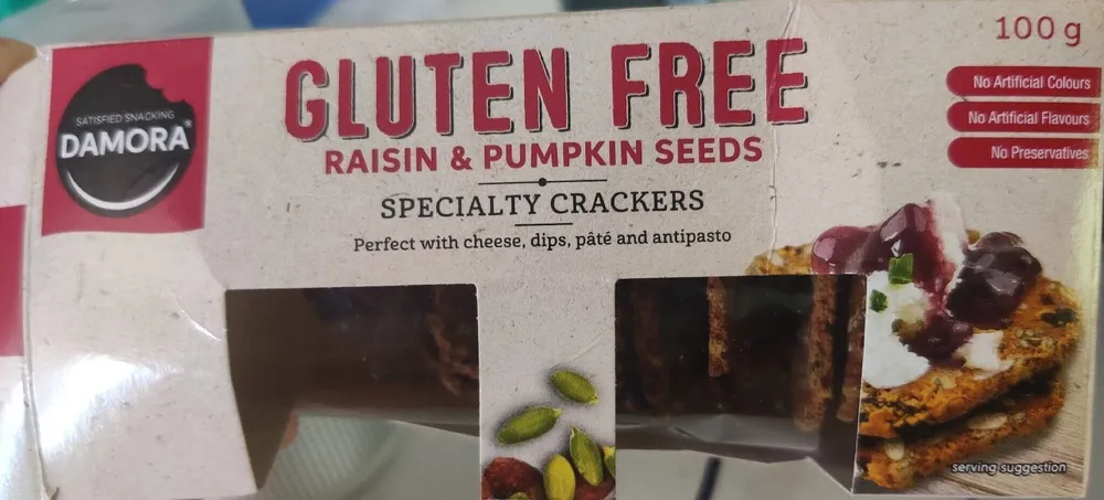Gluten free raisin & pumpkin specialty crackers