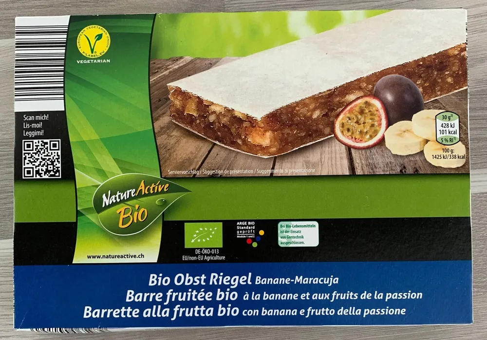 Barre fruitée bio a la banane et aux fruits de la passion