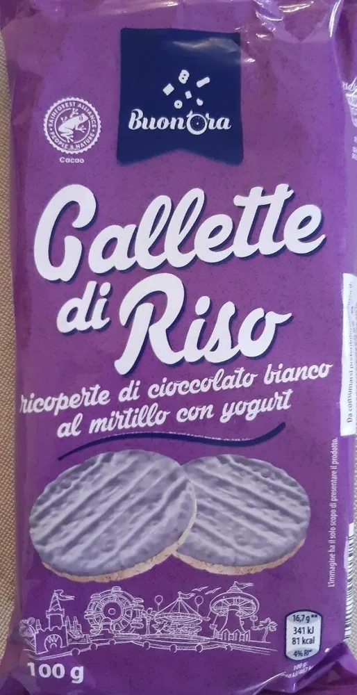 Gallette di riso ricoperte di cioccolato bianco al mirtillo