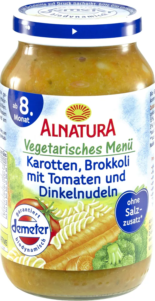 Karotten, Brokkoli mit Tomaten und Dinkelnudeln (ab 8. Monat)