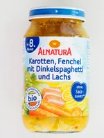 Karotten, Fenchel mit Dinkelspaghetti und Lachs