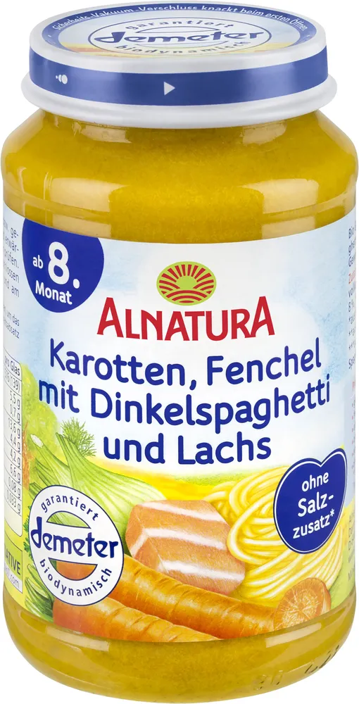 Karotten, Fenchel mit Dinkelspaghetti und Lachs (ab 8. Monat)