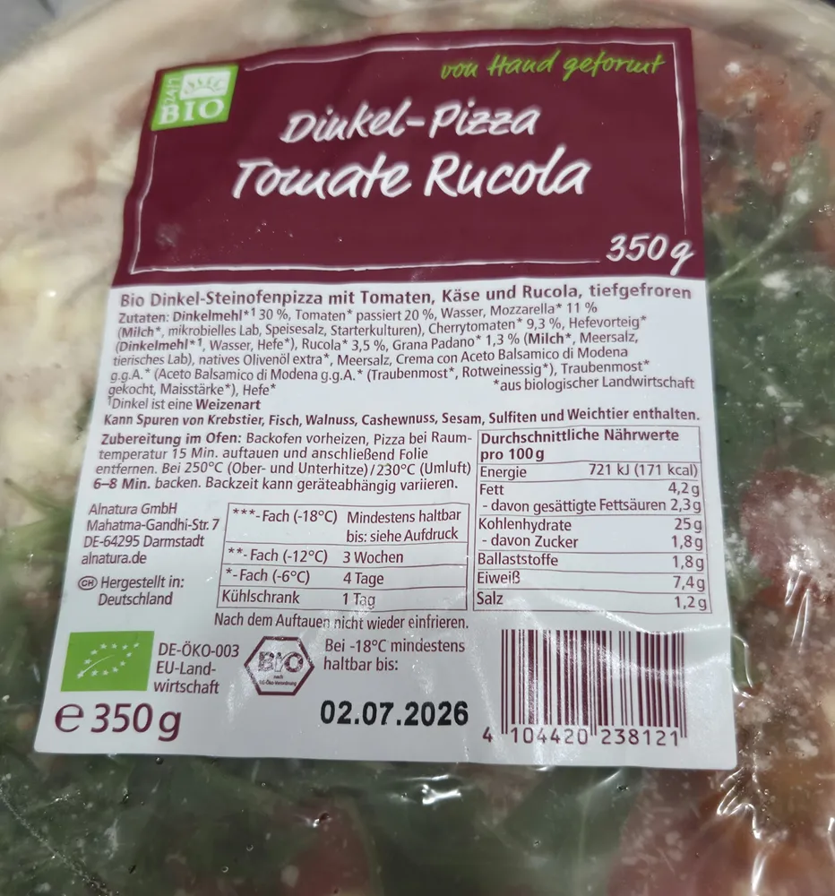 Dinkel-Pizza Tomate Rucola
