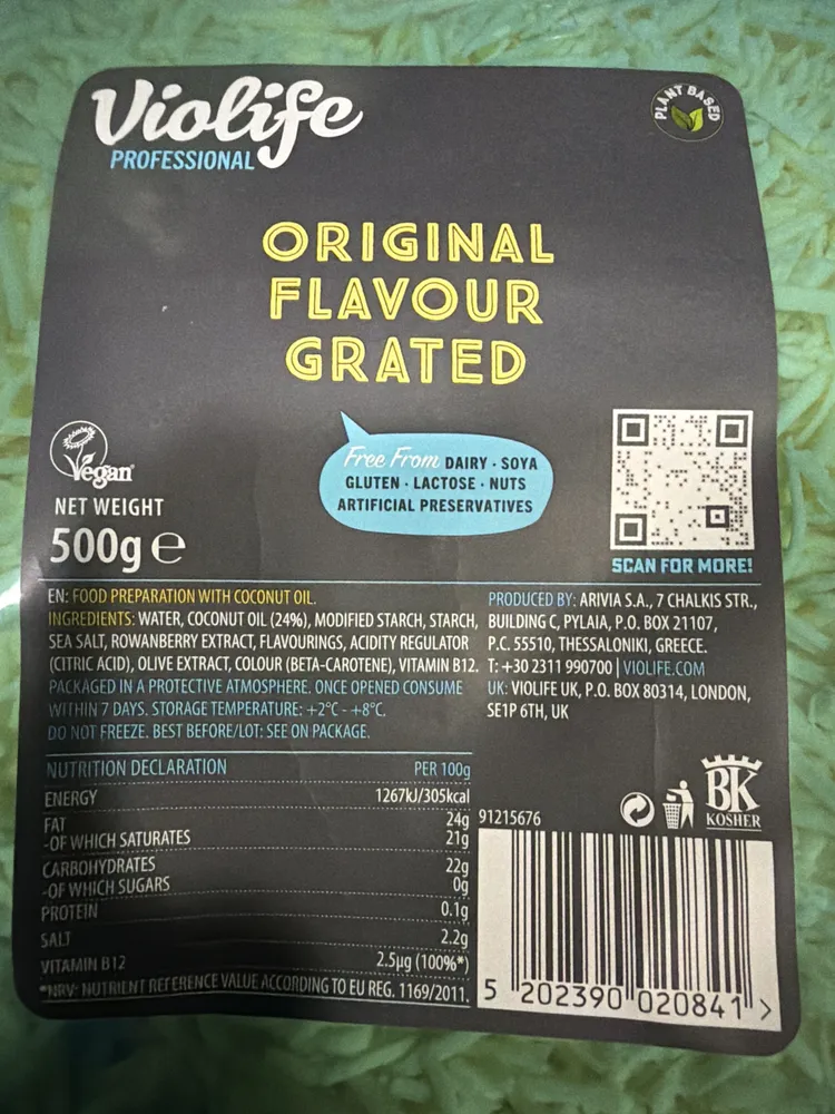 Grated vegan plant based cheese