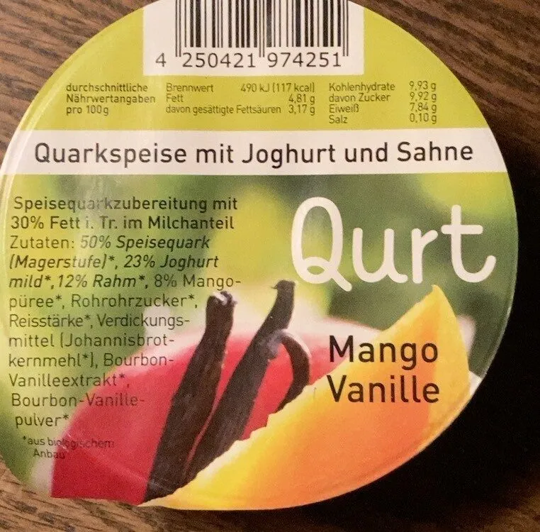 Lobetaler Bio Quarkspeise mit Joghurt und Sahne Qurt Mango Vanille 4250421974251  Speisequarkzubereitung mit Joghurt und Sahne Mango-Vanille