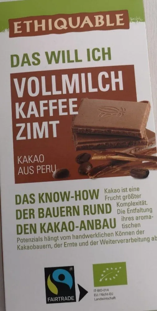 Vollmilch Kaffee Zimt Schokolade