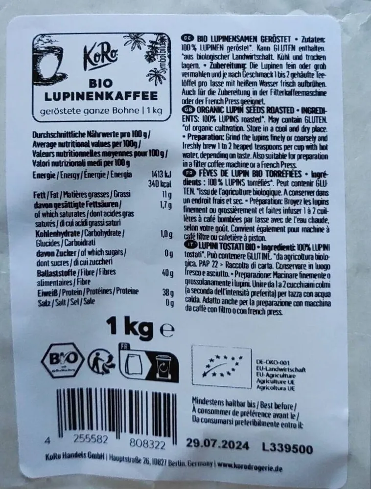 Café de Lupin bio en grains torréfiées