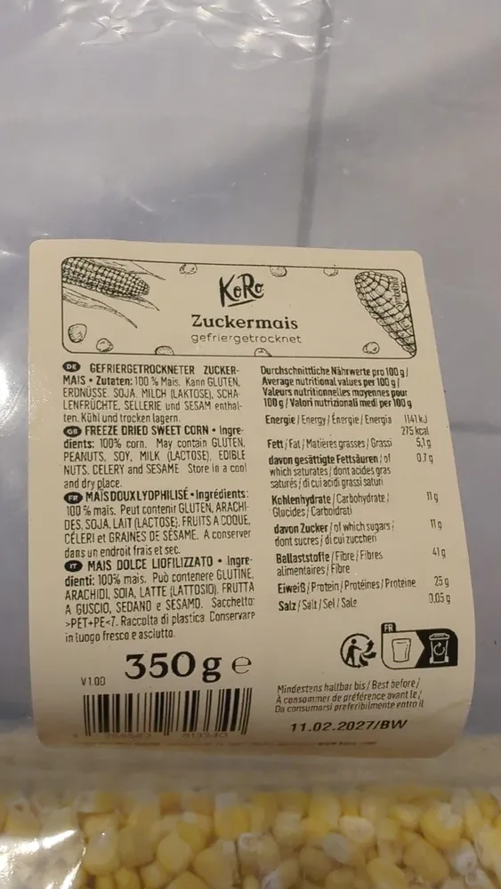 Zuckermais gefriergetrocknet