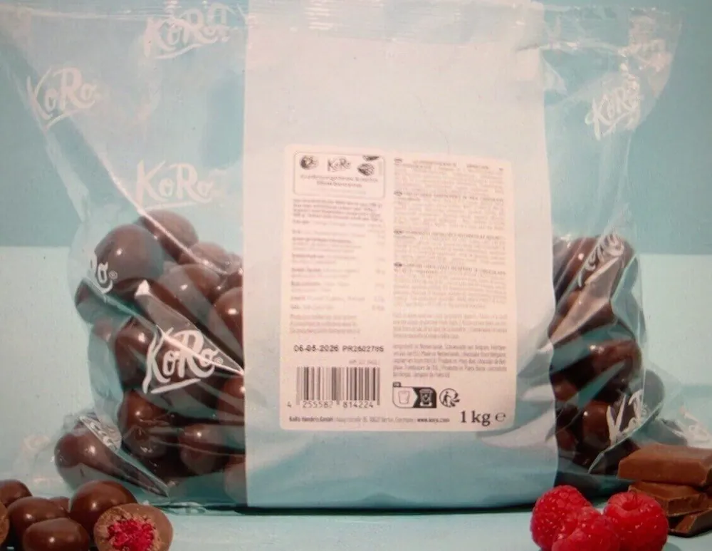 Framboises lyophilisées enrobées de chocolat au lait