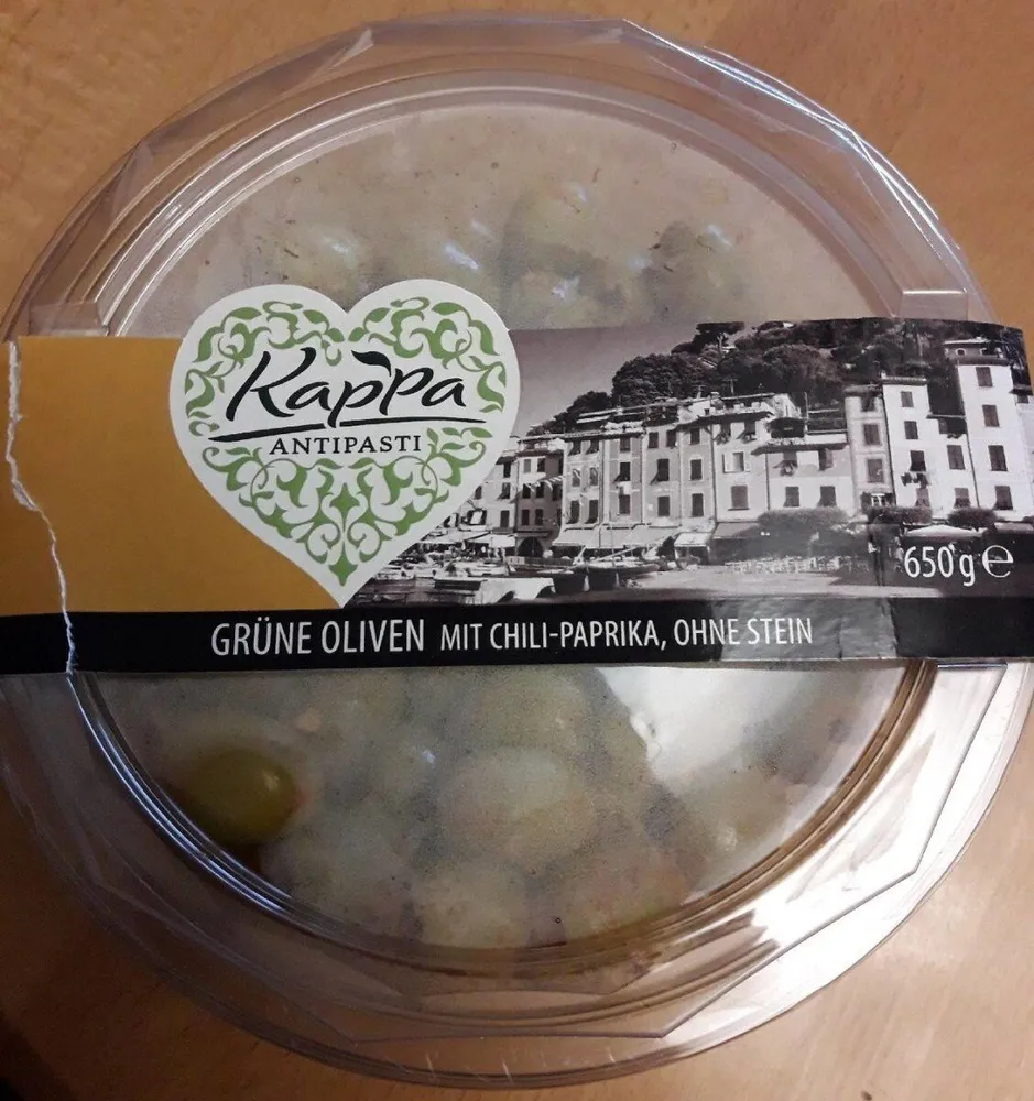 Grüne Oliven mit Chili-paprika, ohne Stein