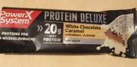 Power System Protein deluxe white chocolate caramel 4260044286075 Eiweißriegel mit 11% Cremefüllung, 5,5% kakaohaltigen Sojacrispies und 31% weißem Schokoladenüberzug. Mit Süßungsmitteln. Weiße Schokolade-Karamell Geschmack.