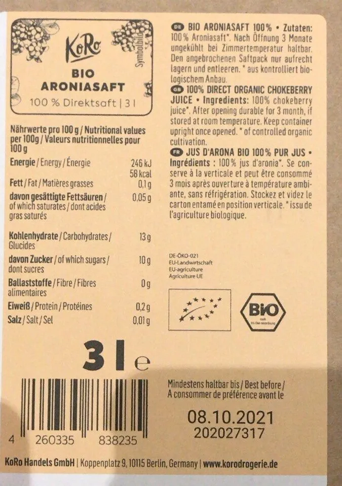 Jus d’aronia bio