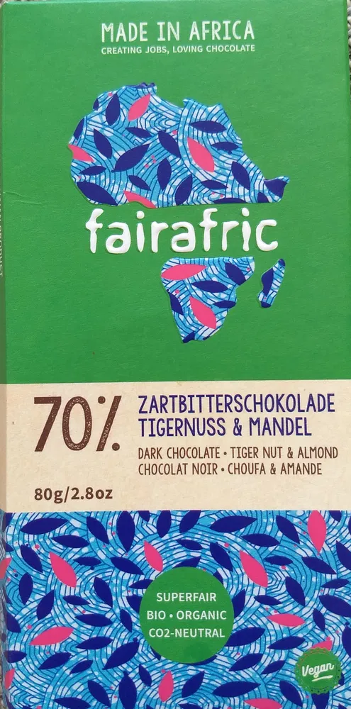 Zartbitterschokolade mit Tigernuss und Mandel, 70% Kakao
