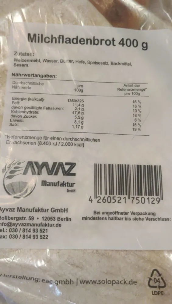Milchfladenbrot 400g