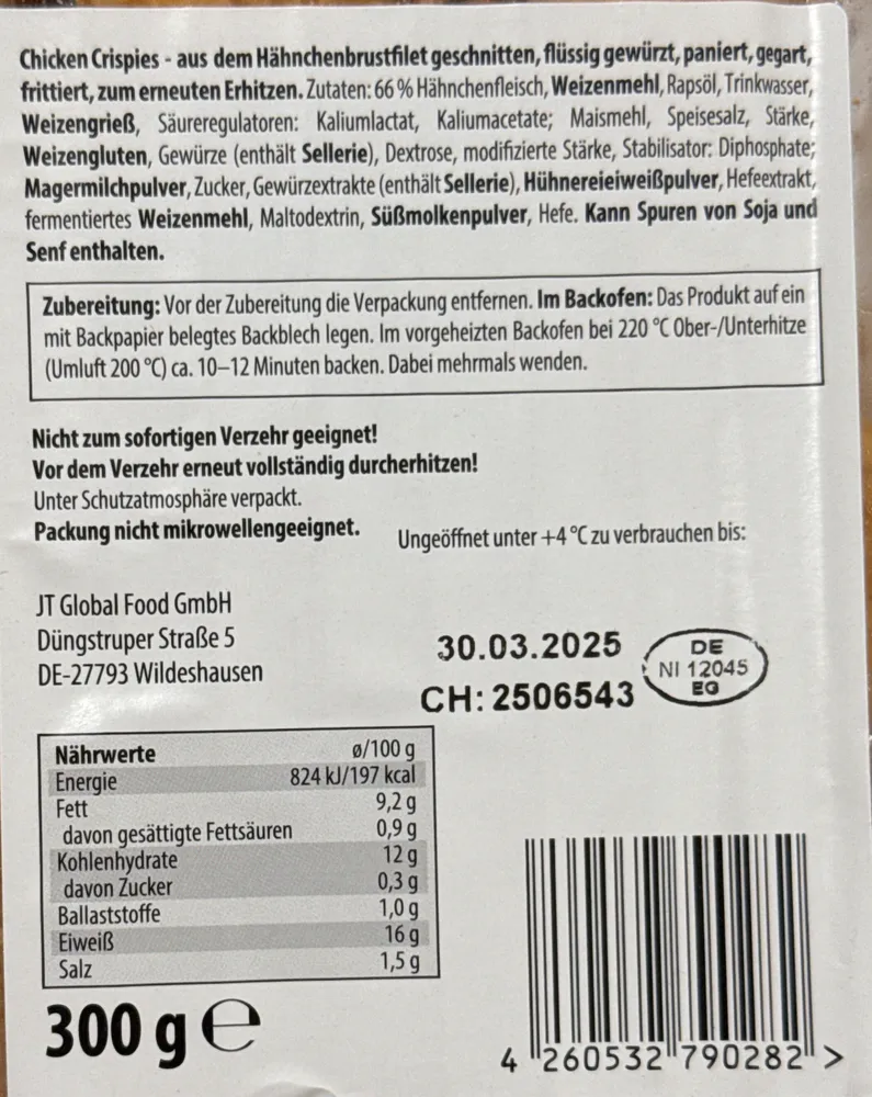 Chicken Crispies - aus dem Hähnchenbrustfilet geschnitten, flüssig gewürzt, paniert, gegart, frittiert, zum erneuten Erhitzen.
