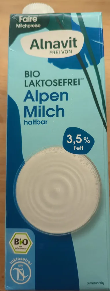 Bio Laktosefrei Alpenmilch haltbar 3,5 % Fett