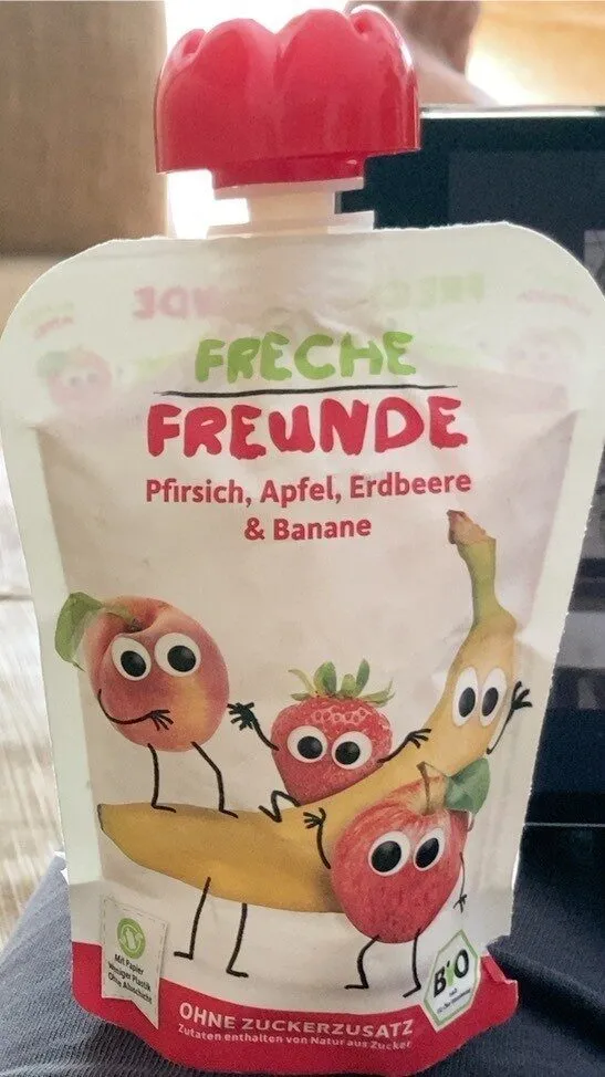 Bio-Mehrfruchtpüree Pfirsich, Apfel, Erdbeere & Banane