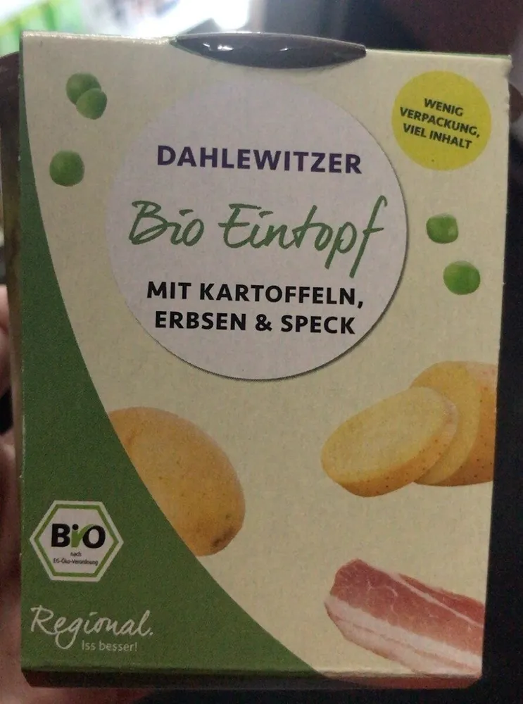 Bio Eintopf mit Kartoffeln Erbsen und Speck