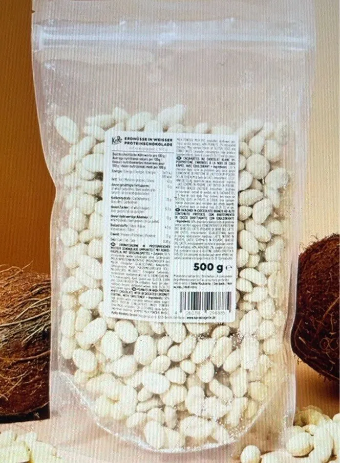 Cacahuètes au chocolat blanc protéiné avec noix de coco râpée