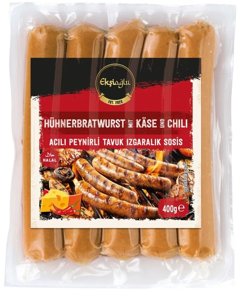 Hühnerbratwurst mit Käse und Chili