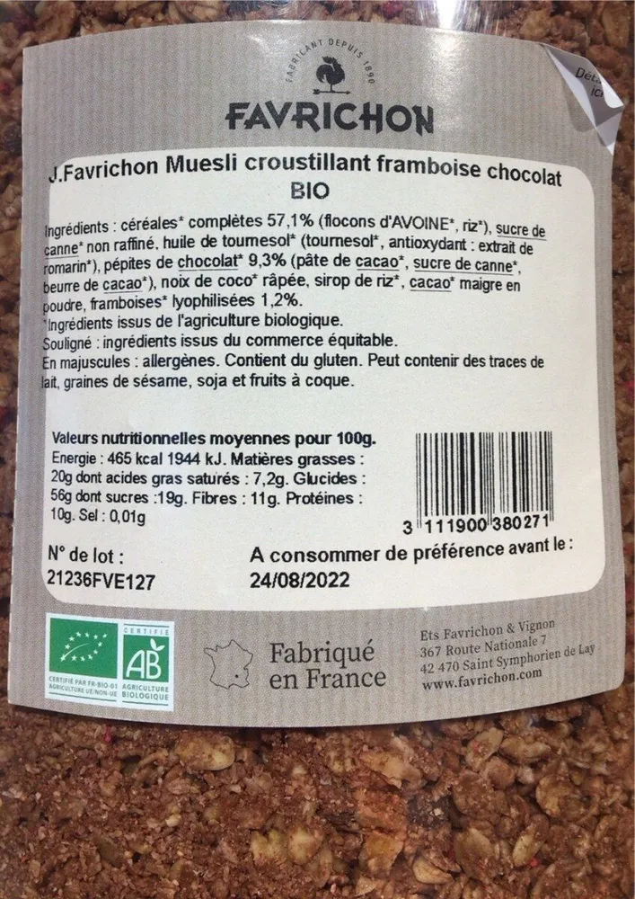 Muesli framboise chocolat Favrichon