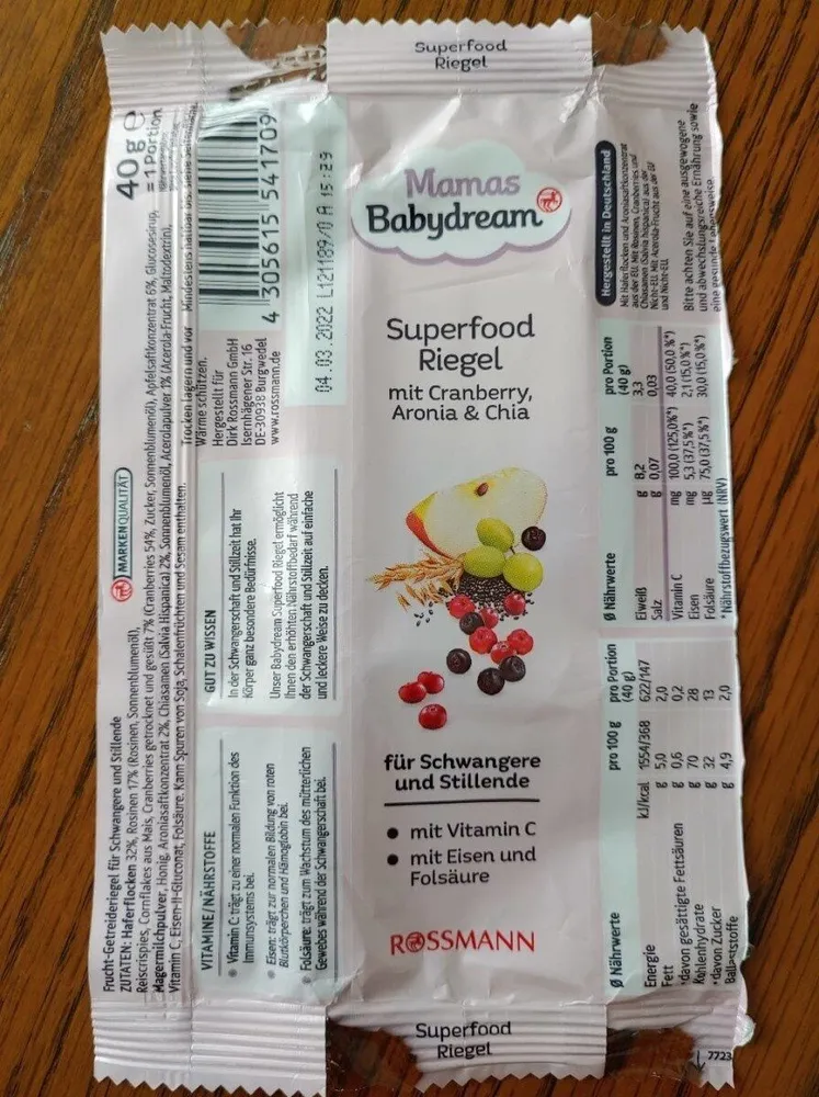 Mamas Babydream Superfood Riegel mit Cranberry, Aronia & Aronia