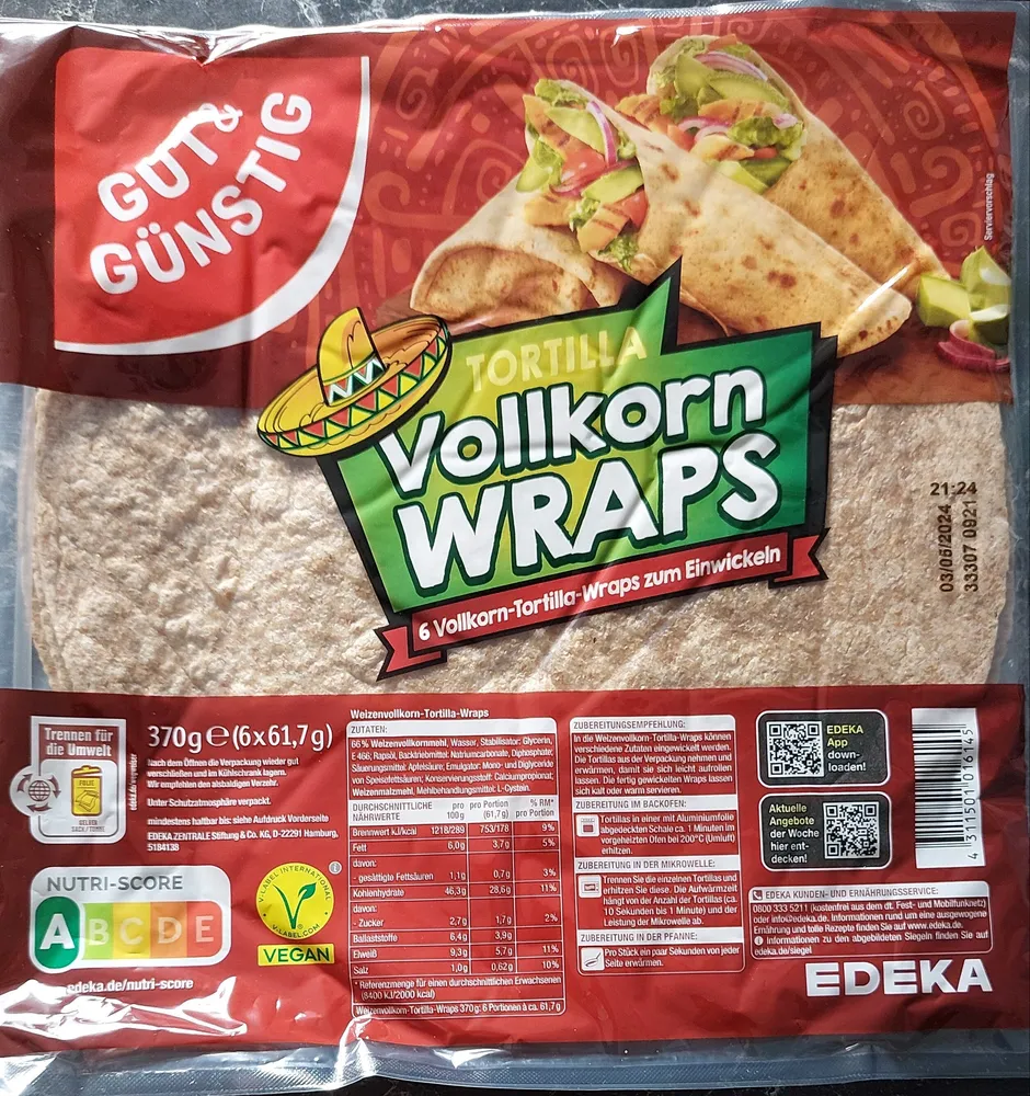 EDEKA GUT&GÜNSTIG Tortilla Wraps Vollkorn 370g 1,29€ 1kg 3,49