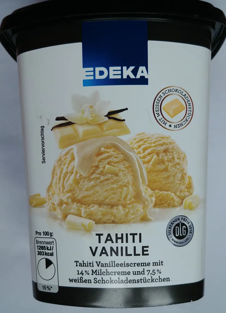 Tahiti Vanilleeiscreme mit 14% Milchcreme und 7,5% weißen Schokoladenstückchen.