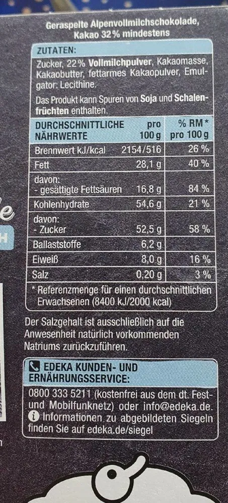 Geraspelte Alpenvollmilchschokolade, Kakao 32% mindestens