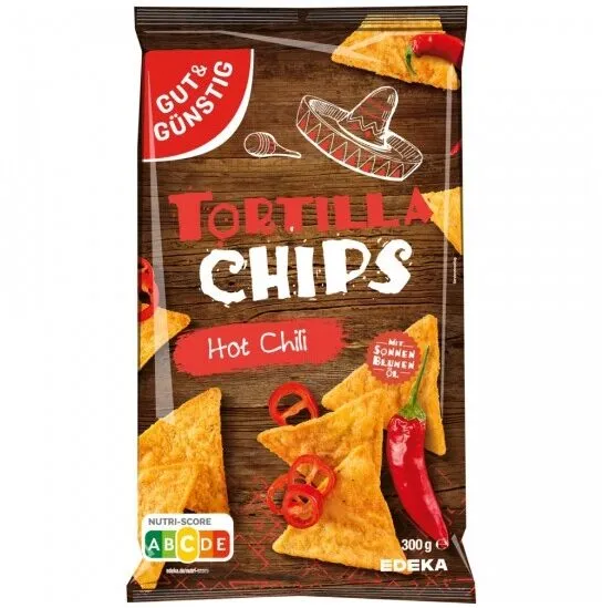 EDEKA GUT&GÜNSTIG Tortilla Chips Hot Chili 300g 1.59€ 1kg 5.30€ (2023 300g 1.92€ 1kg 6.19€)
