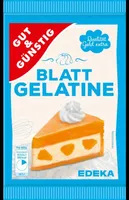 Edeka Gut & Günstig Blattgelatine  Produktinformationen Qualität extra gold zur Herstellung von Cremes, Gelees, Süßspeisen und Tortenfüllungen für kalte und warme Speisen Inhalt: 20 g Kategorie: Gelatine