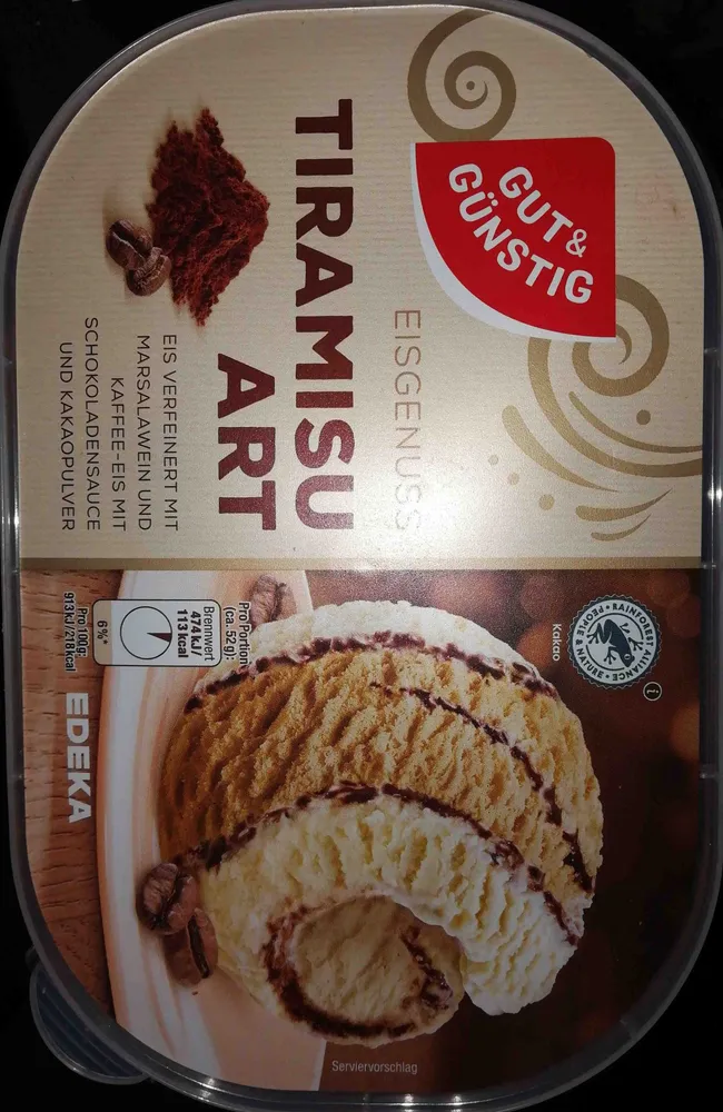 Gut & Günstig (EDEKA) Eisgenuss Tiramisu Art 4311501748633  Eis verfeinert mit Marsalawein und Kaffee-Eis mit Schokoladensauce und Kakaopulver
