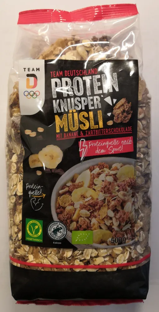 Protein Knuspermüsli mit Bananen & Zartbitterschokolade