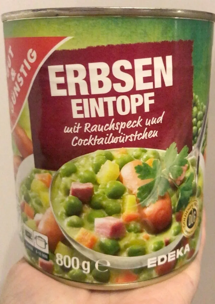 Erbsen Eintopf mit Rauch-Speck und Cocktailwürstchen