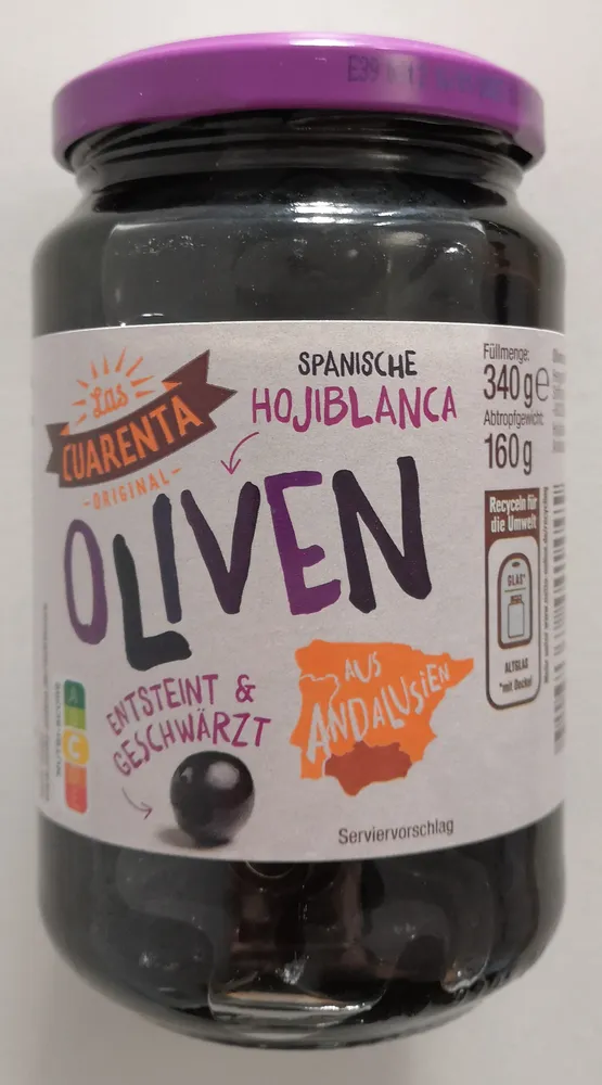 Spanische Hojiblanca Oliven, entsteint & geschwärzt