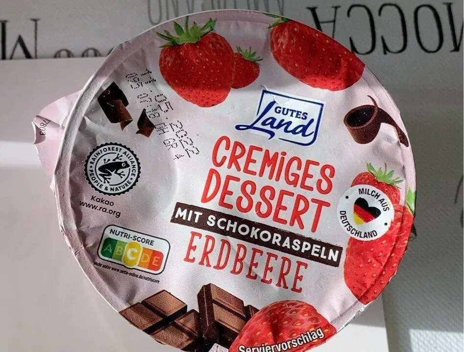 Cremiges Dessert mit Schokoraspeln - Erdbeere