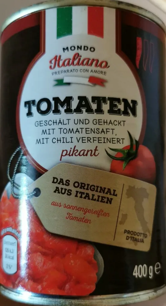 TOMATEN GESCHÄLT UND GEHACKT MIT TOMATENSAFT, MIT CHILI VERFEINERT pikant