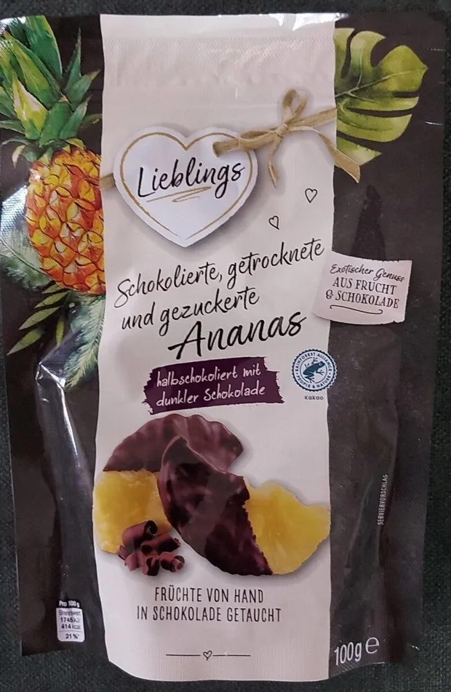 Schokoriegel,getrocknete und gezuckerte  Ananas