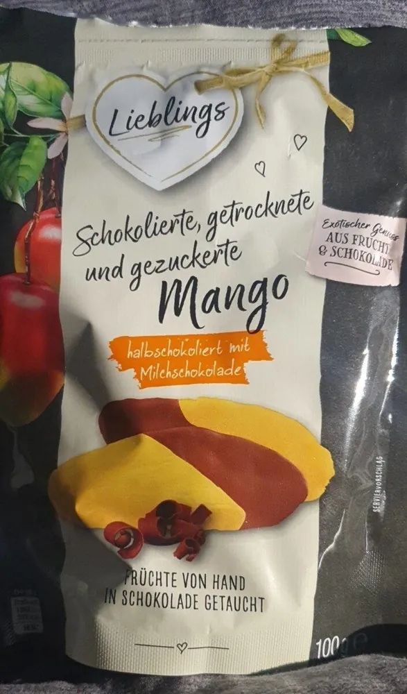 Schockolierte getrocknete und gezuckerte Mangos
