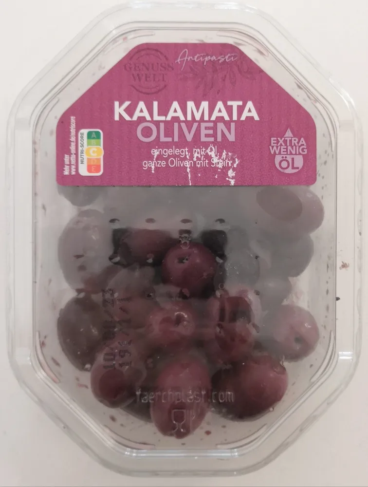 Kalamata-Oliven, eingelegt, mit Öl, ganze Oliven mit Stein