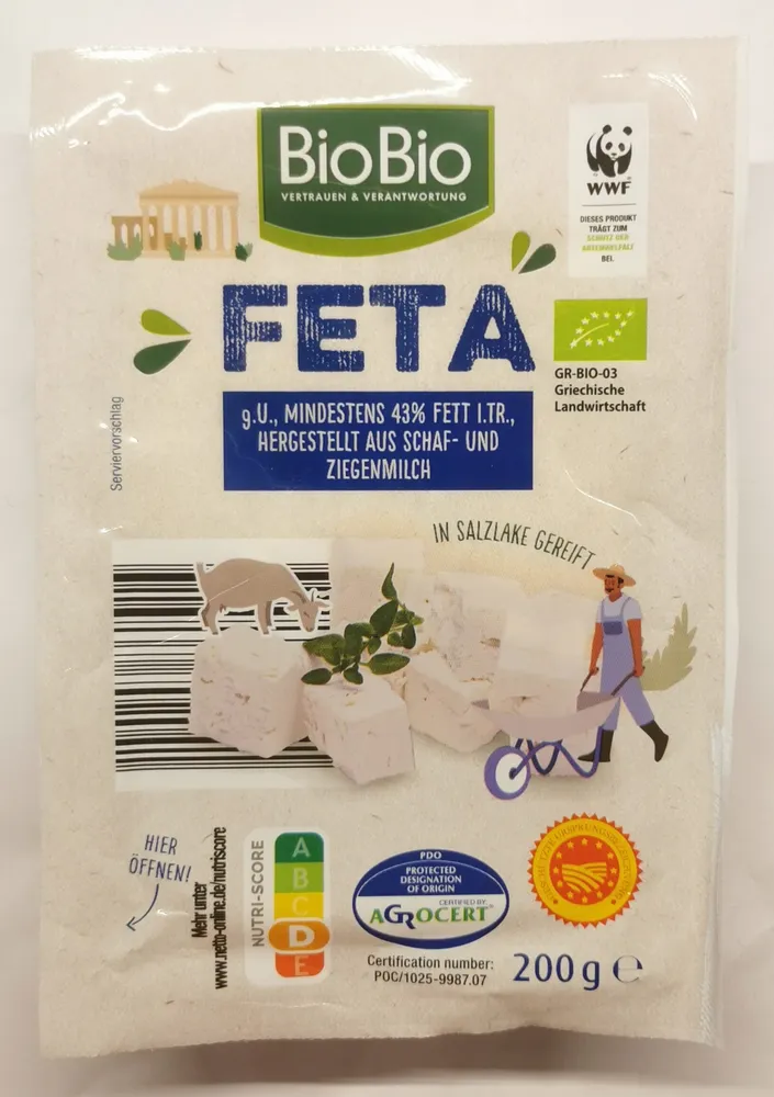 Feta, mind. 43 % Fett i.Tr., hergestellt aus Schaf- und Ziegenmilch