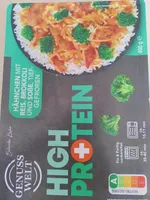 Hähnchen mit Reis, Brokkoli und Soße