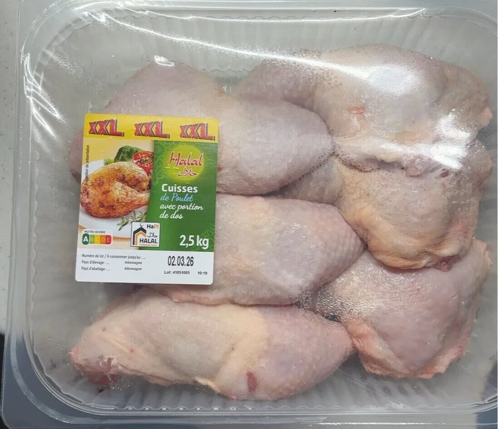 cuisses de poulet avec portions de fis, crues,classe A, halal